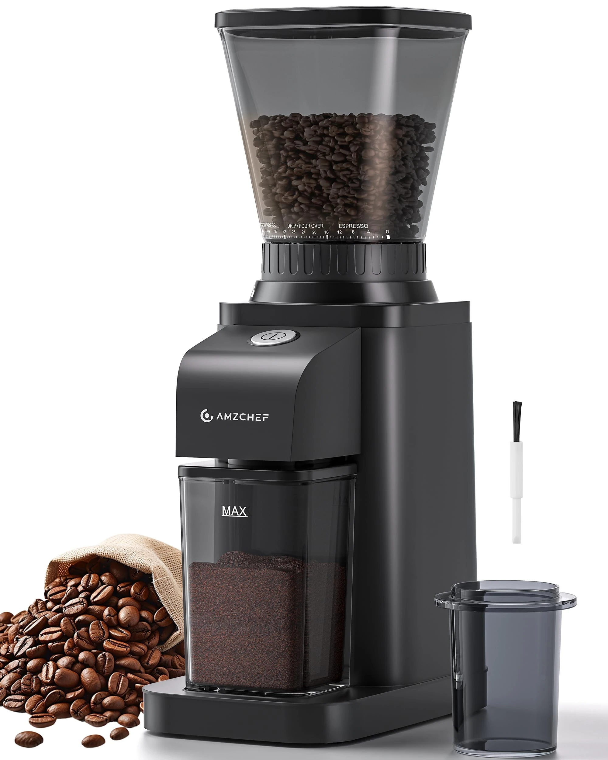 AMZCHEF Electric-Coffee-Grinder-Burr, Conical Burr Coffee Grinders with 48 Precise Grind Settings, 250g Capacity Coffee Bean Grinder for Drip, Espresso, French Press, Anti-Static, One-Button Switch