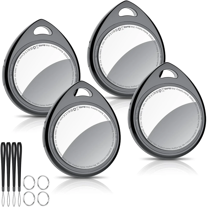 QCOQ Air Tracker Tags 4 Pack, Black | Smart Bluetooth Tags Compatible with Apple Find My (iOS Only), Item Locator with Keychain/Lanyard for Keys/Luggages/Wallets/Suitcases, Replaceable Battery, 100dB - Image 1