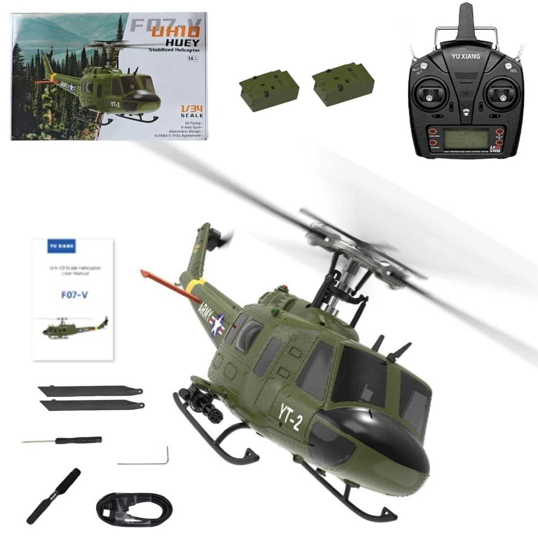 RCzephyr RC Helicopters for Adults, YU XIANG F07-V 1/34 Scale UH-1 Huey 2.4G 6CH Brushless Flybarless Remote Control Helicopter Model with 6-Axis Gyroscope and Lights (Mode 1/Mode 2 Switchable)