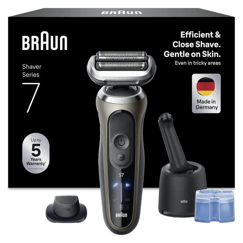 Braun Series 7 Electric Shaver, Up to 60 min, 4in1 SmartCare Center, +1 Attachment, Cordless, Wet & Dry Razor for Men, 100% Waterproof, 72-C7200CC, Gold