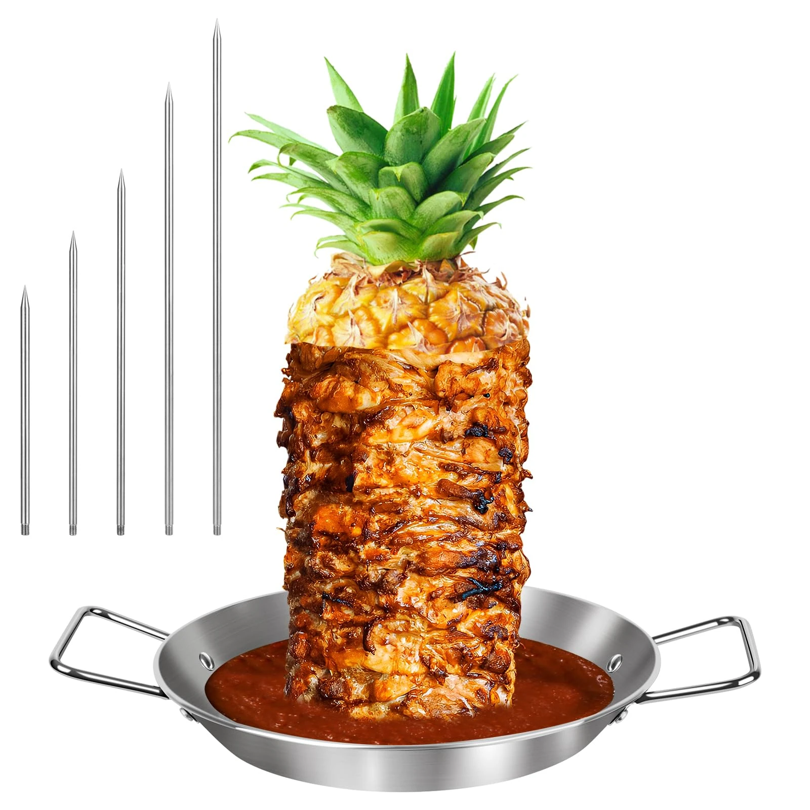 Vertical Kebab Skewer Stand, 5 Sizes Skewers with 10 inch Barbecue Gyro Spits Pan, Stainless Steel Grill Rack Spikes(6"/8"/10"/12"/14") for Grilling Meat, Chicken, Kebab, Fish, Shawarma, Taco