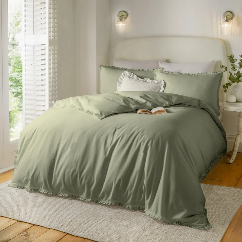 furn. Wylder Nature Tilly Duvet Cover Set – 100% Tumbled Cotton Minimal Ruffle Bedding with Elegant Trim (Sage - Super King)