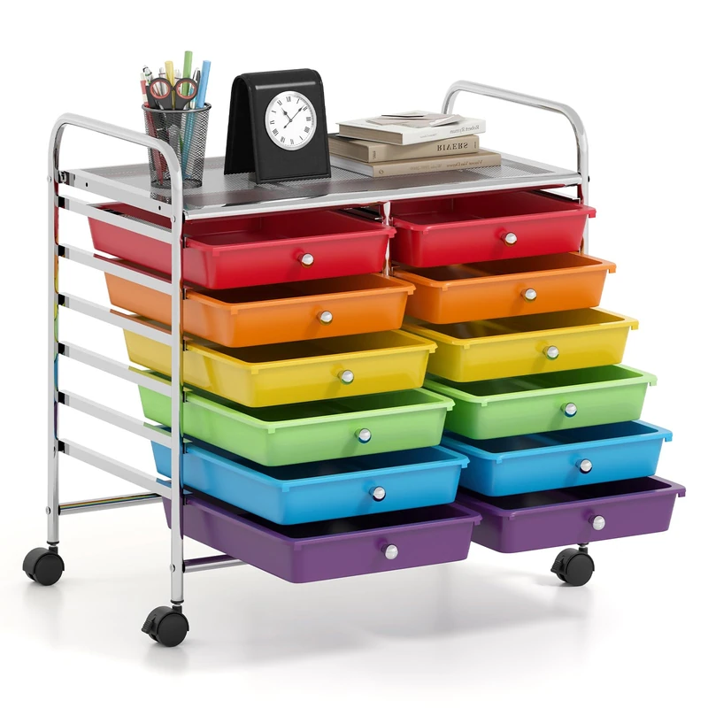 GiantexUK 12 Drawers Rolling Trolley, Metal Frame Utility Storage Organizer Cart with Lockable Wheels, Multipurpose Shelving Organizer Unit for Home Office Salon (Multicolour)