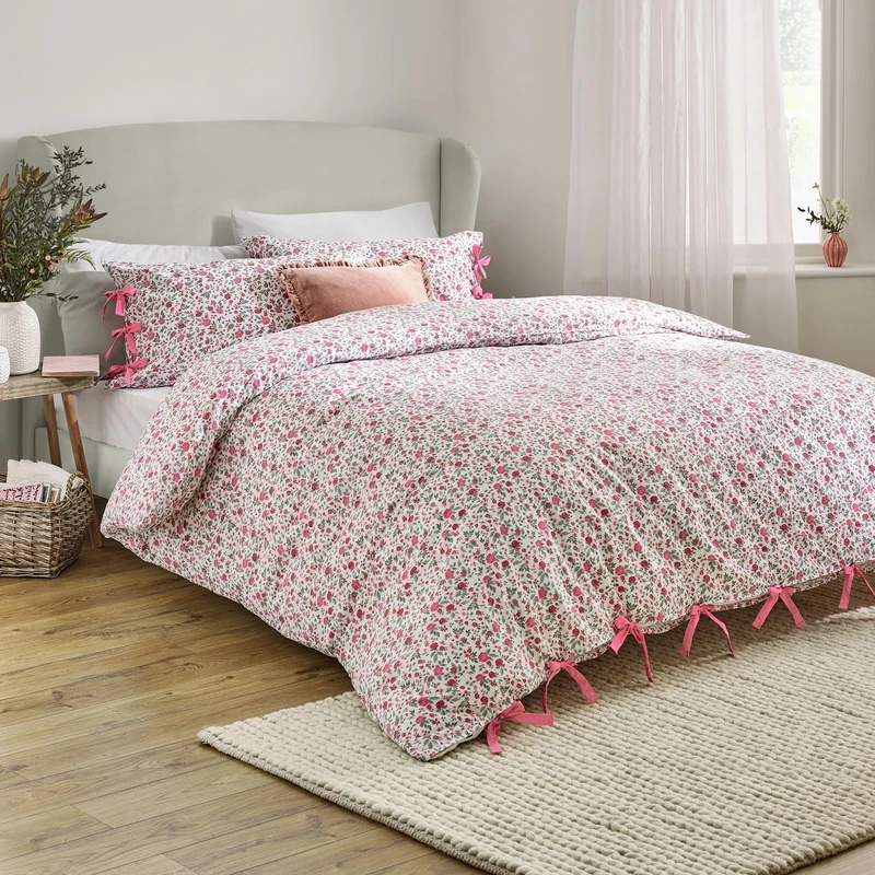 furn. Wylder Nature Hannah Duvet Cover Set – 100% Tumbled Cotton Floral Bedding with Bow Closures (Pink - King)