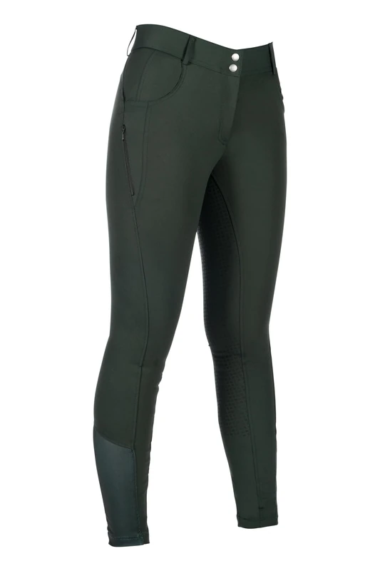 HKM Women's Ari Mid Rise SIL. Full seat Riding Breeches, Olive Green, 22