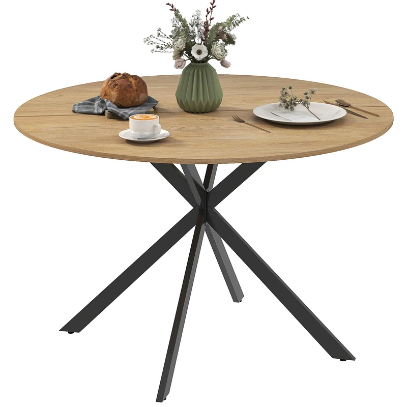 HOMCOM Round Dining Table for 4 Seater Diameter 120 cm Industrial Style Kitchen Table with Steel Legs for Dining Room Kitchen Home Office Oak