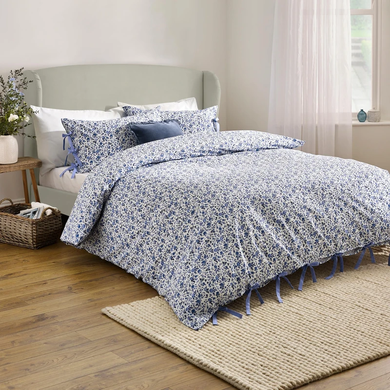 furn. Wylder Nature Hannah Duvet Cover Set – 100% Tumbled Cotton Floral Bedding with Bow Closures (Blue - King)