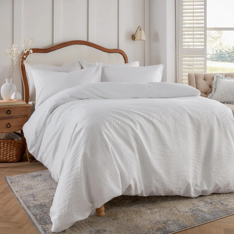 furn. Wylder Nature Georgia Duvet Cover Set – Elegant Heat-Pressed Textured Bedding with Button Closure (White - Double)