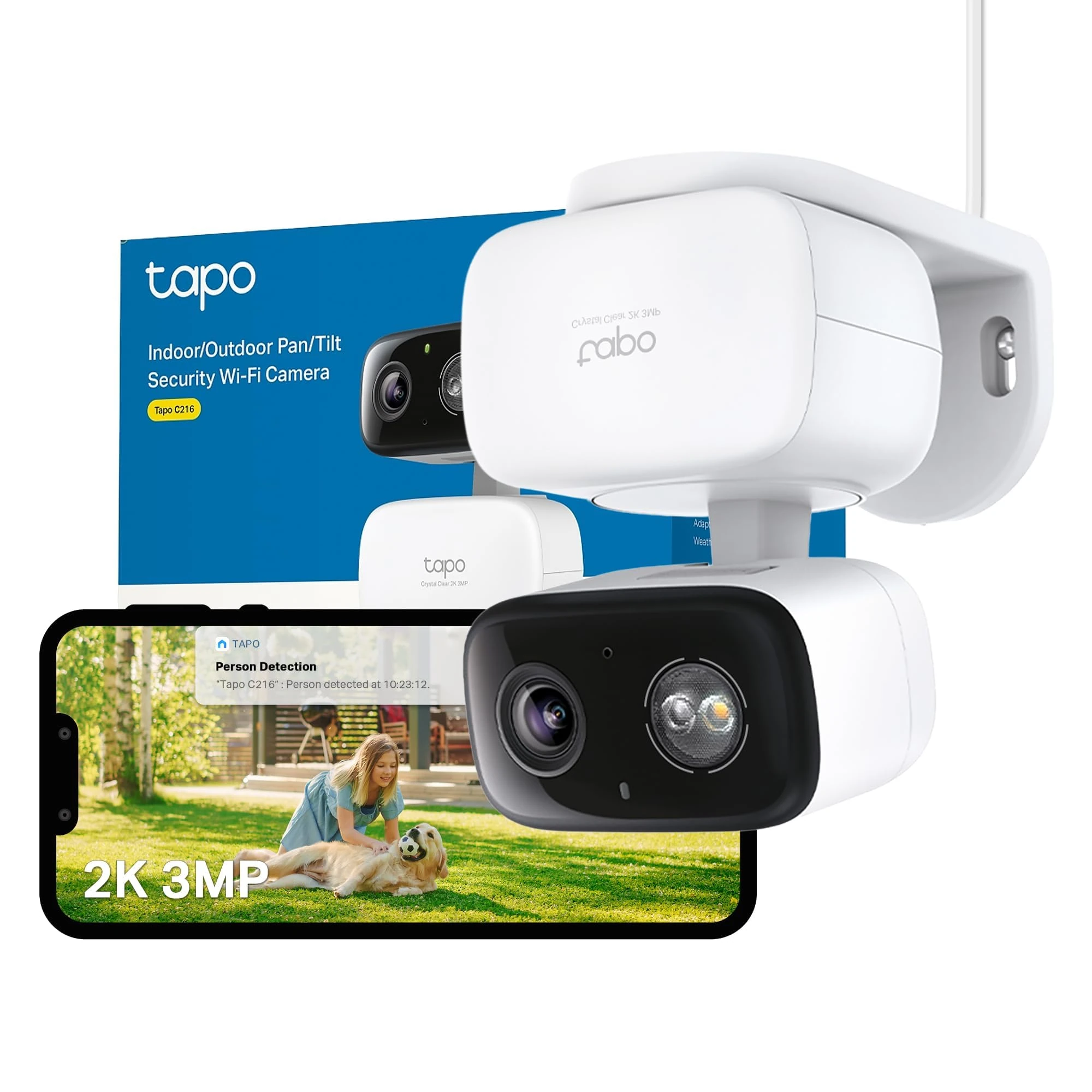 Tapo C216 2K 3MP Outdoor Camera 360°Pan/Tilt, IP65 Color Night Vision, Security Camera Outdoor WiFi, Smart AI Detection,Spotlights, Indoor Cameras House Security, CCTV, Alexa/Google
