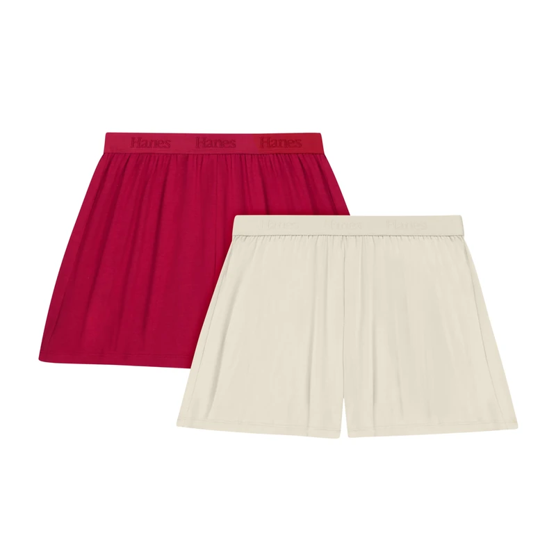 Hanes Womens Originals Sleep Shorts, 2-Pack, Comfywear Supersoft Lounge Shorts Pack, 3.25", Cocoa Butter/Rosey Red, M - Image 1