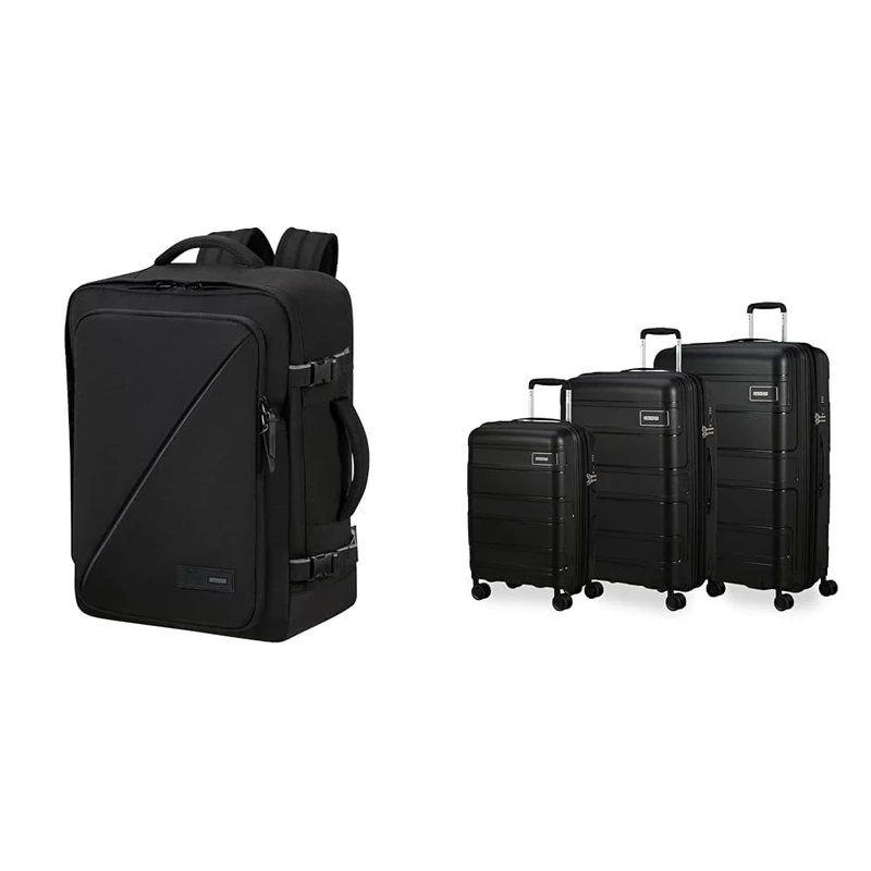 American Tourister Skymax & Take2Cabin - Suitcase Set 3 Pieces & Ryanair Cabin Bag, 25 x 20 x 40 cm, 24 L - Skymax Complete Travel Set - Black