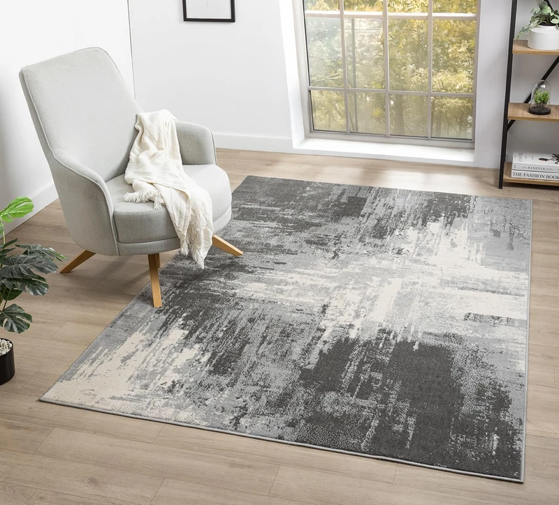 Obsidian Modern Low Pile Area Rug - Polypropylene Weaving - Jute Backing - Floral Traditional Abstract Designs Rugs, Grey, 160x230 cm