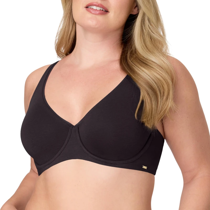 Bali Women's, Cotton Collection 2-ply Underwire Bra, Moisture-Wicking, Full Coverage, Convertible Straps, Black, 34C