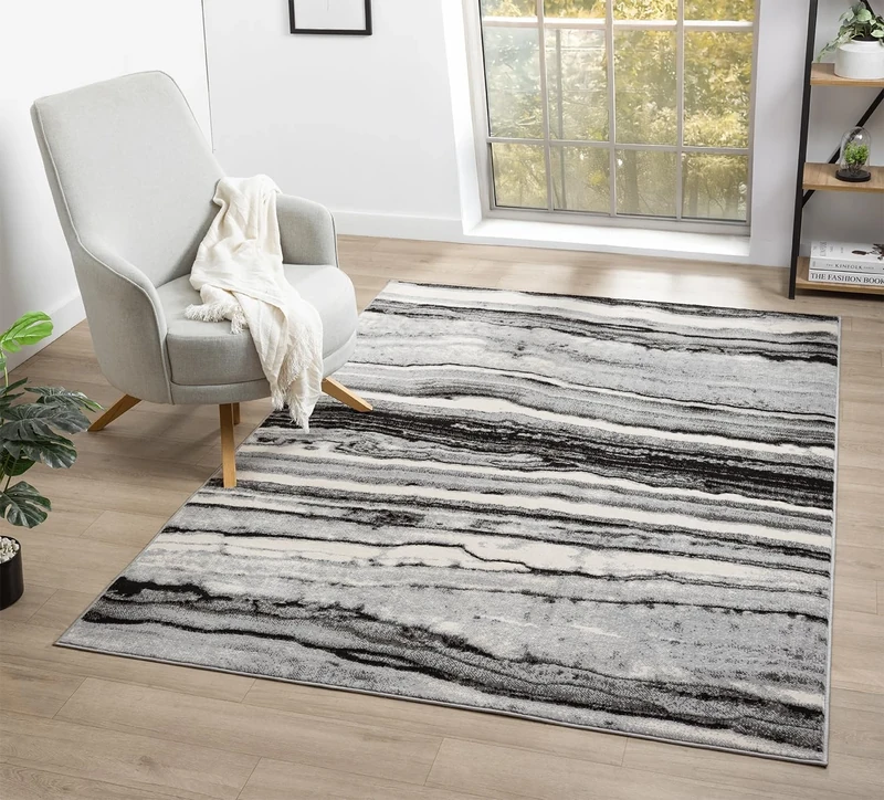 Obsidian Modern Low Pile Area Rug - Polypropylene Weaving - Jute Backing - Floral Traditional Abstract Designs Rugs, Grey, 200x290 cm