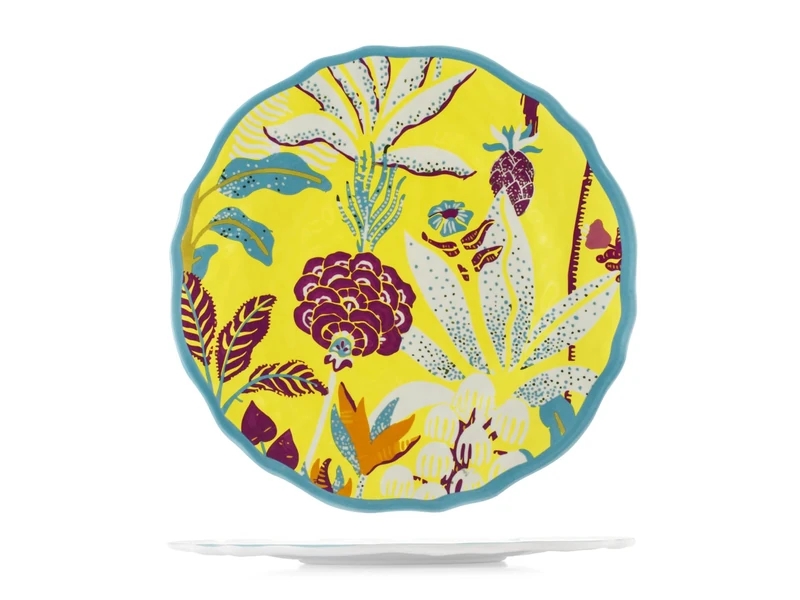 H&H, Set of 6 Decorated Melamine Dinner Plates - Blossom Collection | Diameter 26 cm | Floral Design with Coloured Border | Durable, Lightweight, Perfect for Outdoors, Camping, Garden, Terrace
