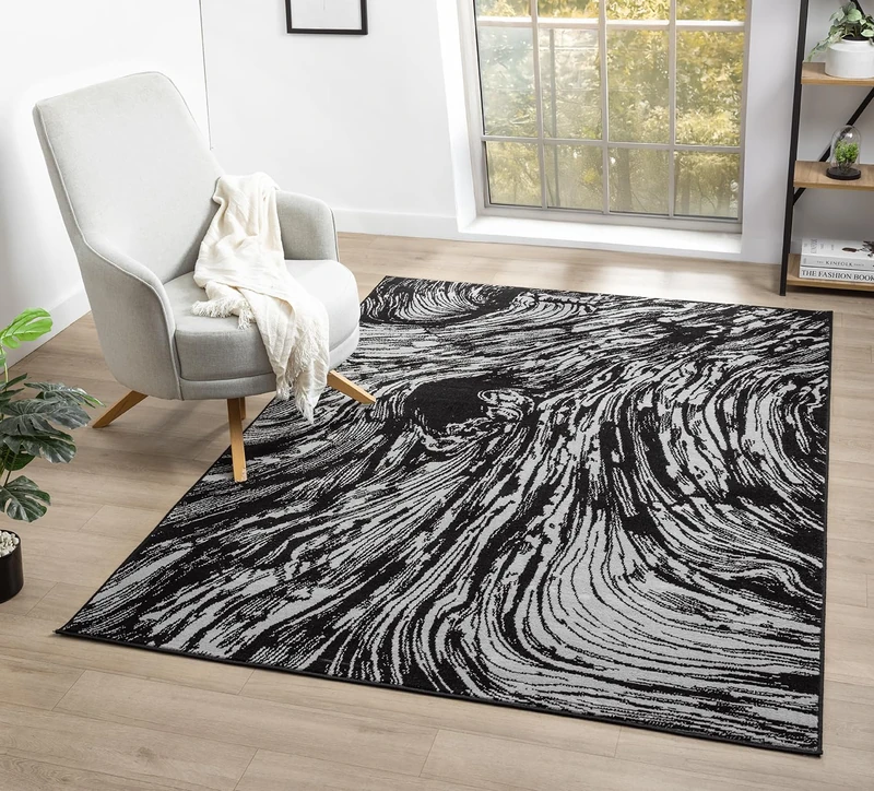 Obsidian Modern Low Pile Area Rug - Polypropylene Weaving - Jute Backing - Floral Traditional Abstract Designs Rugs, Grey, 160x230 cm