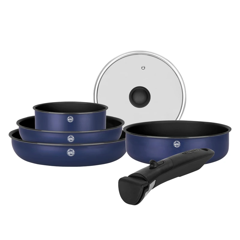 Sitram 716978 Cookware Set Recycled Aluminium Blue 6 Pieces: 1 Removable Handle, 1 Saucepan Diameter 18 cm, 2 Frying Pans Diameter 22.26 cm, 1 Sauté Pan Diameter 24 cm, 1 Lid – Suitable for All Heat