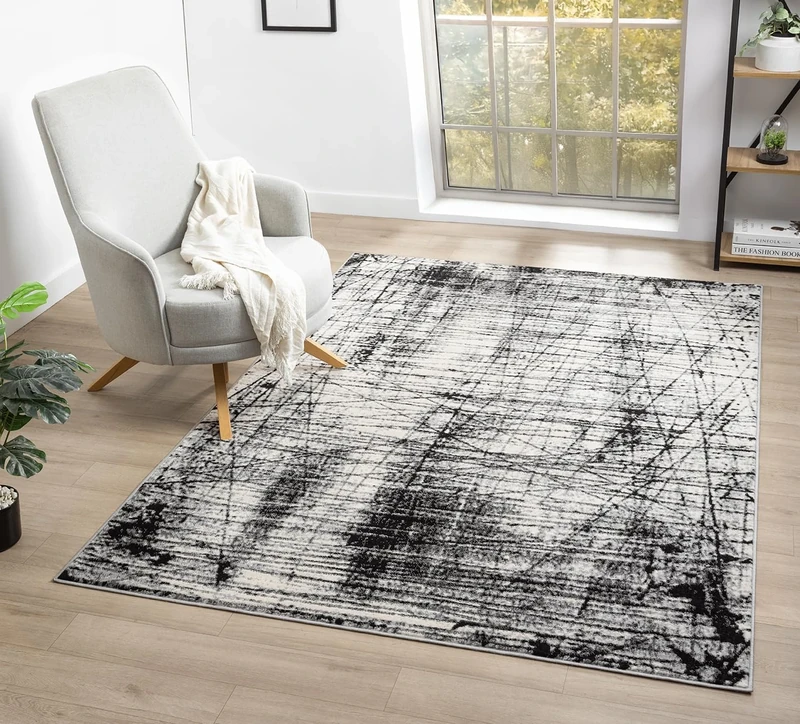 Obsidian Modern Low Pile Area Rug - Polypropylene Weaving - Jute Backing - Floral Traditional Abstract Designs Rugs, Grey, 200x290 cm