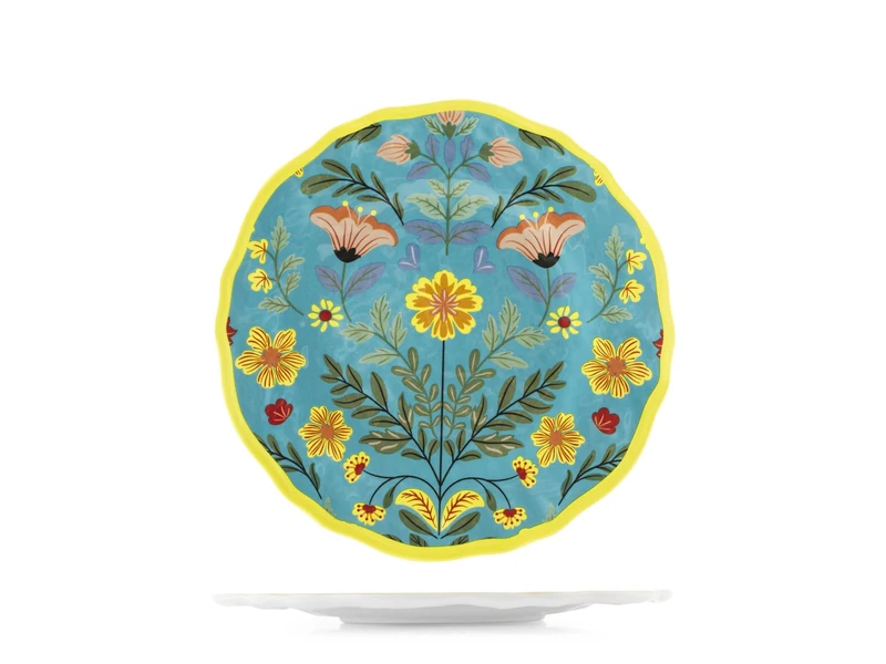 H&H, Set of 6 Decorated Melamine Fruit Plates - Blossom Collection, Diameter 23 cm, Floral Pattern and Coloured Edge, Durable, Shatterproof, Ideal for Outdoors, Camping, Garden, Terrace, Motorhome