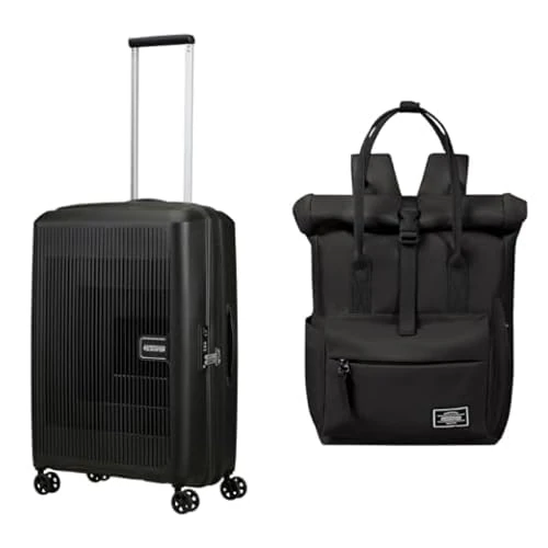 American Tourister Aerostep & Urban Groove - Expandable Suitcase, 67 cm, 66.5/72.5 L & Backpack, 36cm, 17L - Travel Set - Black
