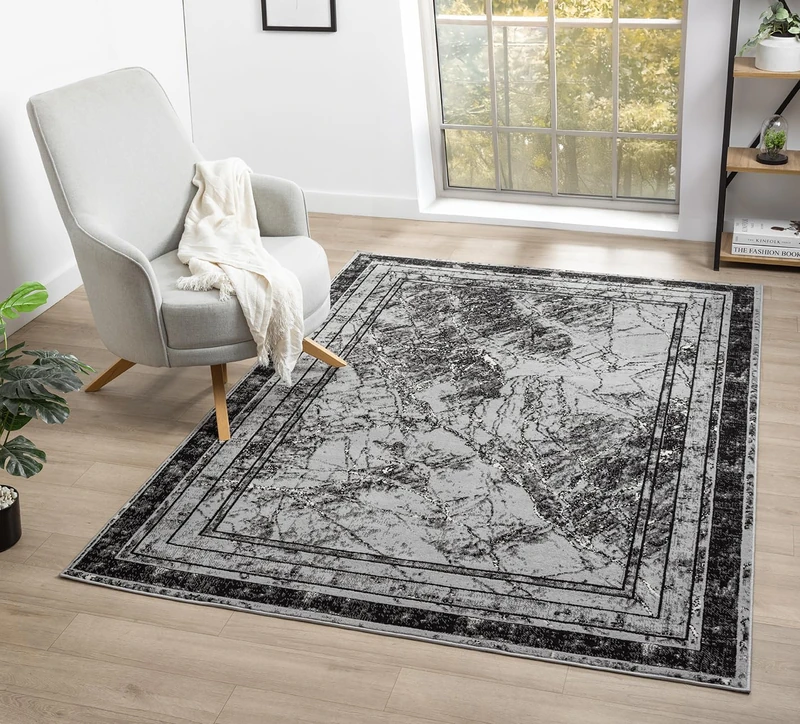 Obsidian Modern Low Pile Area Rug - Polypropylene Weaving - Jute Backing - Floral Traditional Abstract Designs Rugs, Grey, 160x230 cm