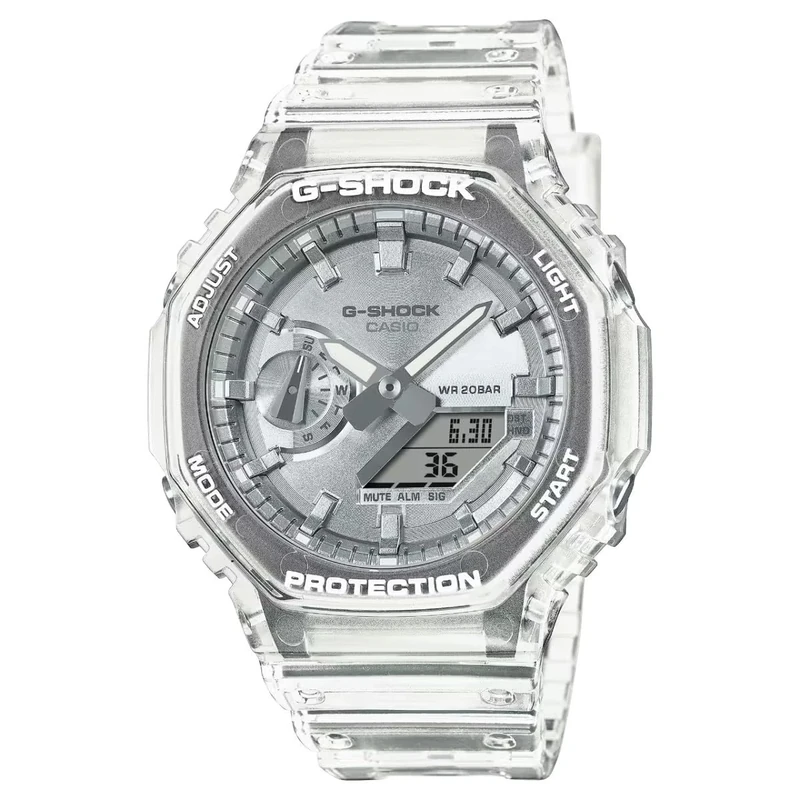 Casio GA-2100BM-7A8ER Men's Transparent Carbon Resin Digital Quartz Watch with Silver Analogue Dial, 200 Metres Waterproof, Silicone Band, Buckle Clasp, Steel