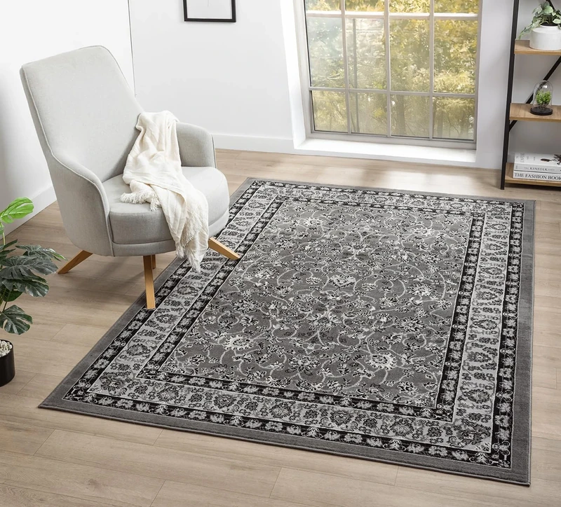 Obsidian Modern Low Pile Area Rug - Polypropylene Weaving - Jute Backing - Floral Traditional Abstract Designs Rugs, Grey, 200x290 cm