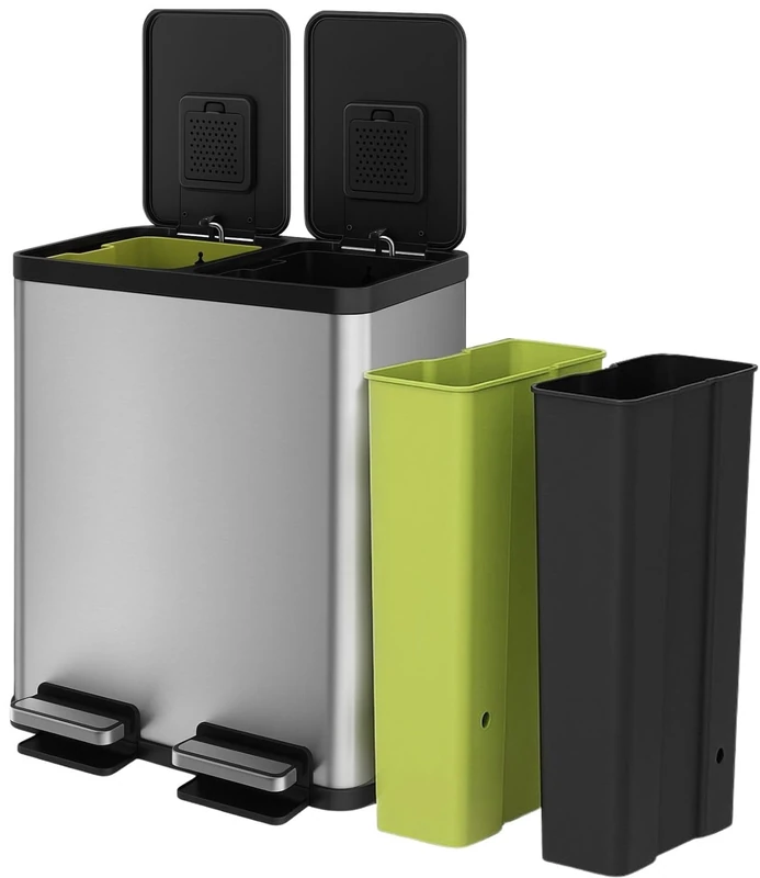 Simpli-Magic 60 Liter / 16 Gallon Rectangular Hands-Free Dual Compartment Recycling Kitchen Step Trash Can with Soft-Close Single Lid, Stainless Steel (30L x 30L Capacity)