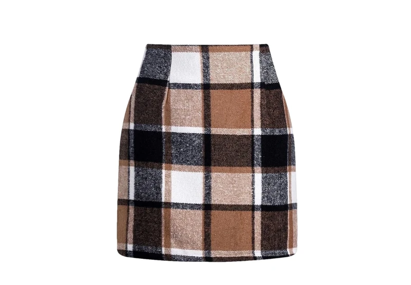 Womens Wool Plaid Skirt Women Elegant High Waist Pencil Mini Skirts Khaki XL