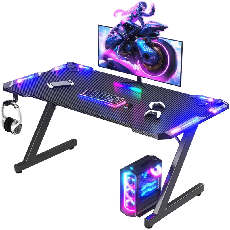 JUMMICO Gaming Desk with LED Lights,120 x 60 cm, RGB Gaming Table Sturdy Computer Desk for Home Office and Gamers with Headphone Hook, Black