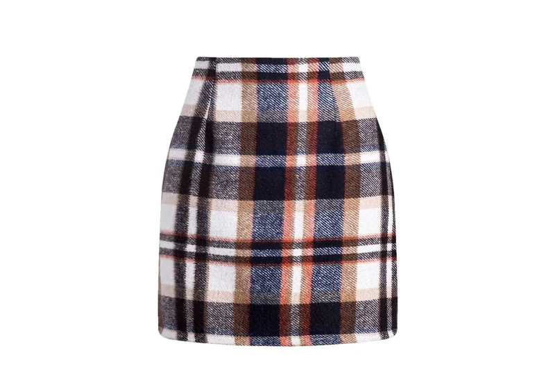 Womens Wool Plaid Skirt Women Elegant High Waist Pencil Mini Skirts Brown XL