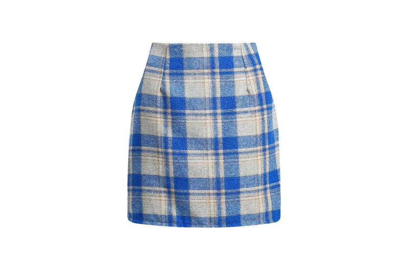 Womens Wool Plaid Skirt Women Elegant High Waist Pencil Mini Skirts A Blue XL