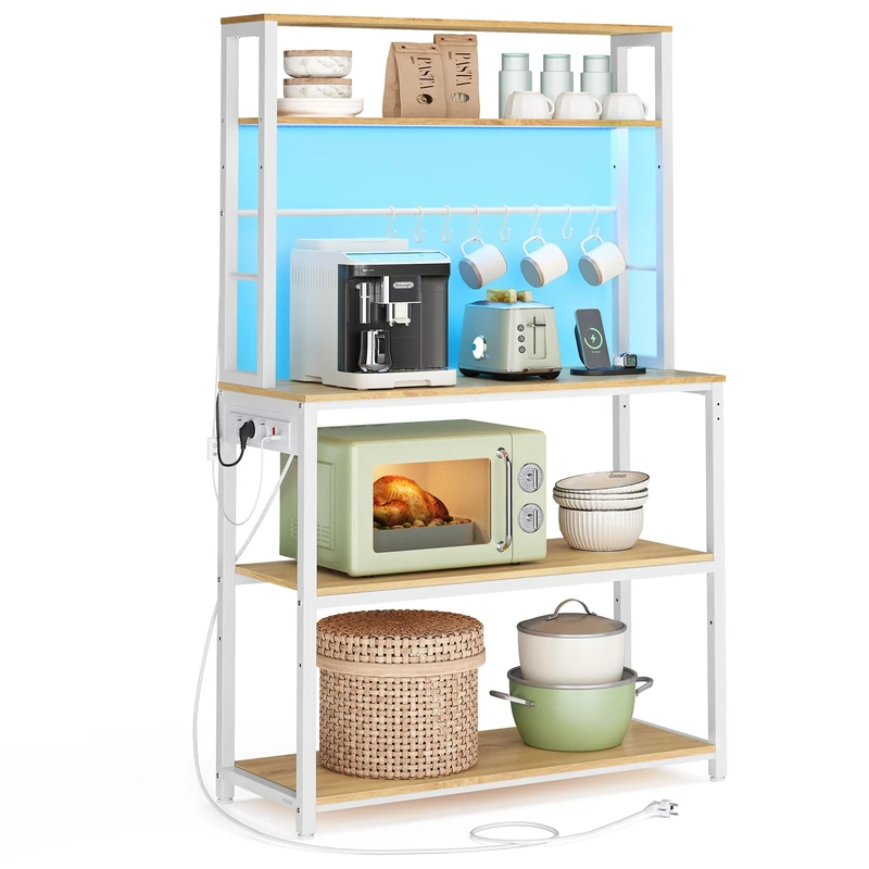 VASAGLE Coffee Bar with LED Lights, Kitchen Bakers Rack with Power Outlet, Microwave Stand with Adjustable Shelves, 8 Hooks, 40 x 80 x 168.4 cm, Golden Oak and Matte White KKS050YA02