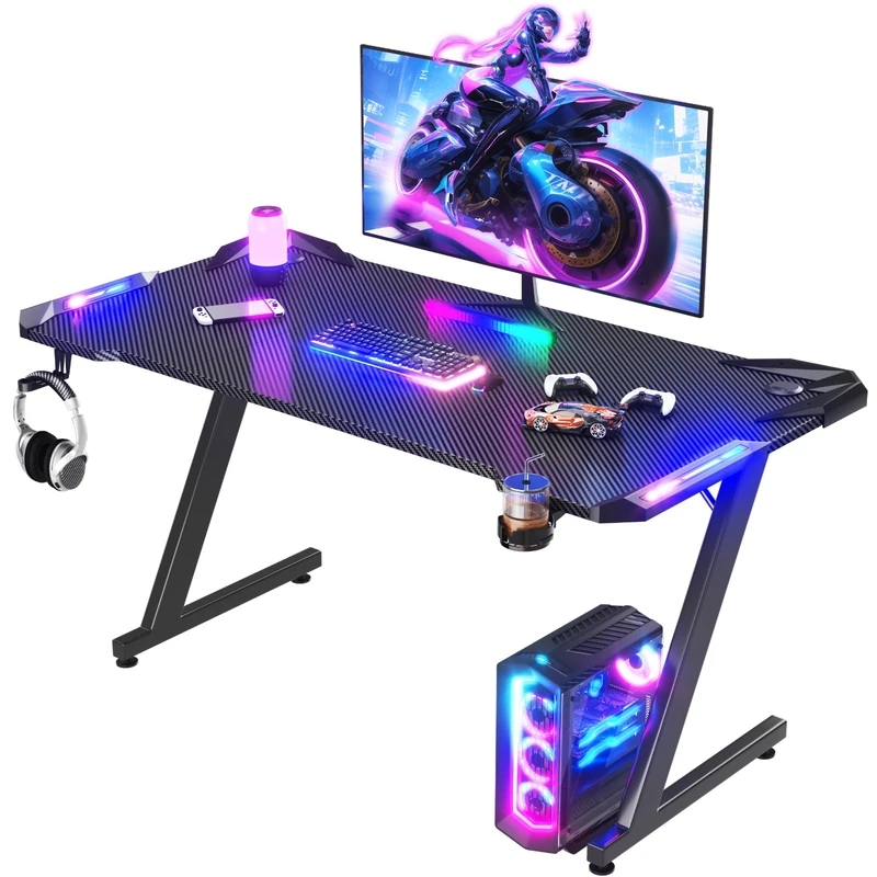 JUMMICO Gaming Desk with LED Lights 140 x 60 cm, RGB Gaming Table Sturdy Computer Desk for Home Office and Gamers with Headphone Hook and Cup Holder, Black