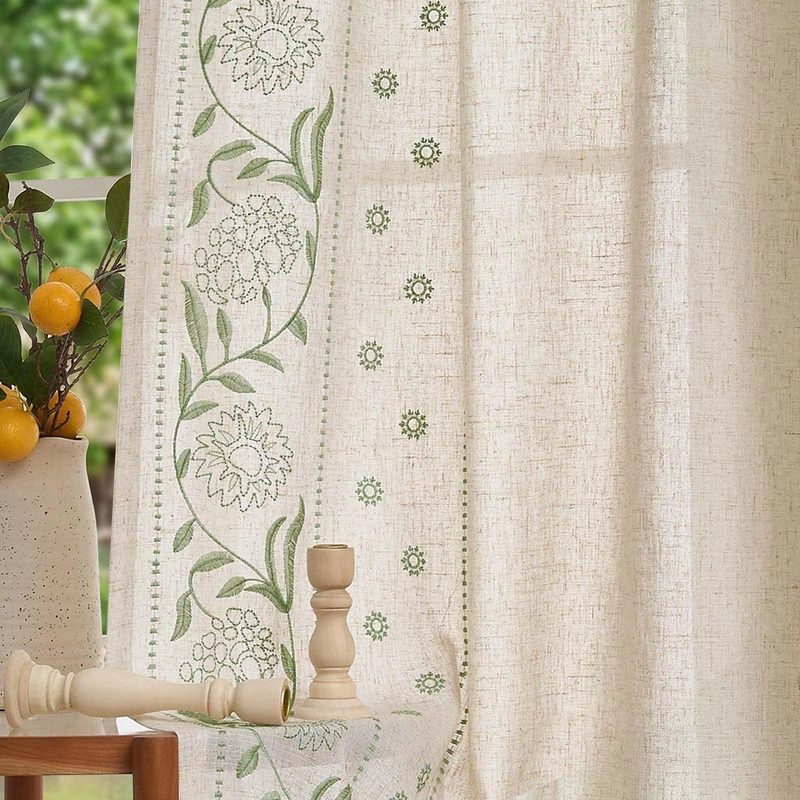 Lazzzy Boho Linen Blend Curtains for Living Room Bedroom 84 Inches Length Embroidered Floral Curtains Farmhouse Rod Pocket Drapes Light Filtering Window Treatments Green on Beige 2 Panels Set