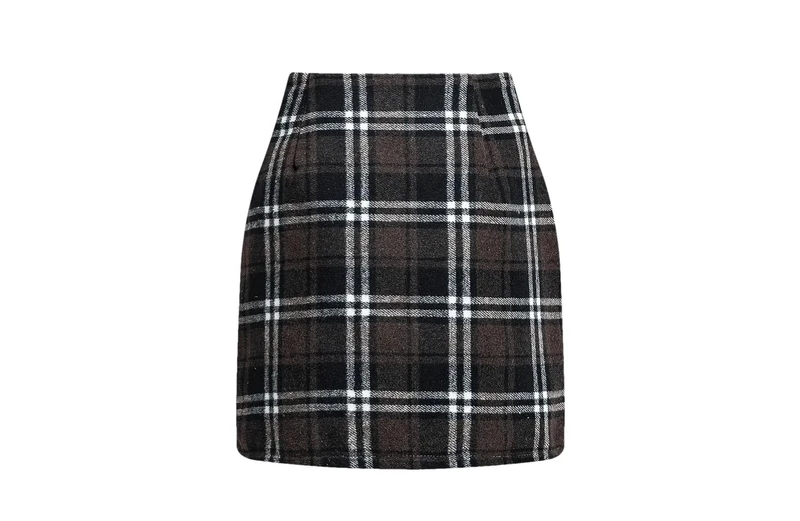 Womens Wool Plaid Skirt Women Elegant High Waist Pencil Mini Skirts Coffee XL