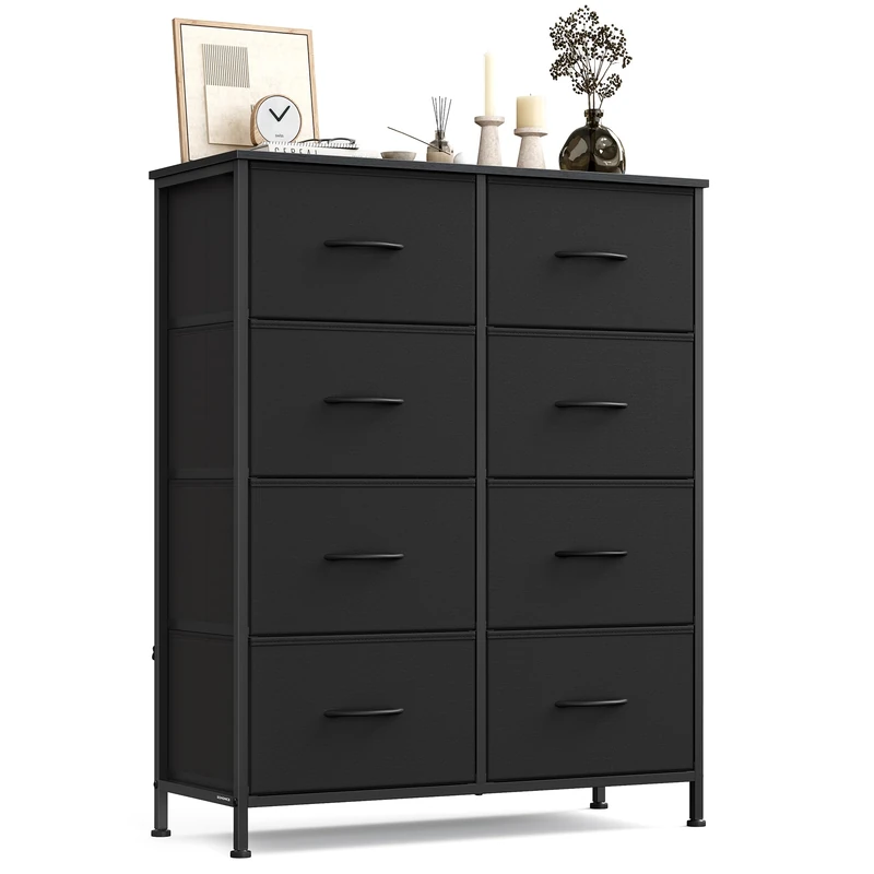 SONGMICS Chest of Drawers, 8 Fabric Drawers Storage Unit, Steel, MDF, Non-Woven Fabric, for Bedroom, Closet, Hallway, Living Room, Ink Black and Ebony Black LGS124BH03