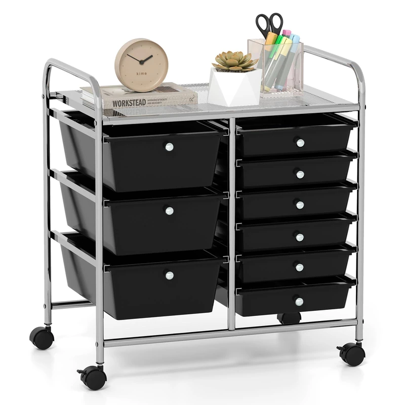 GiantexUK 9 Drawers Rolling Trolley, Metal Frame Utility Storage Organizer Cart with 4 Wheels, Multipurpose Shelving Organizer Unit for Home Office Salon Makeup Beauty (Black)