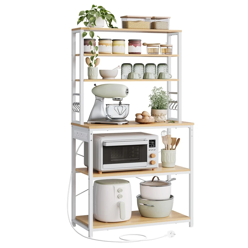 VASAGLE Baker's Rack with Power Outlet, Coffee Bar for Kitchen with Storage, 6-Tier Kitchen Shelves with 6 Hooks, Microwave Stand, 40 x 60 x 167 cm, Golden Oak and Cloud White KKS124Y02
