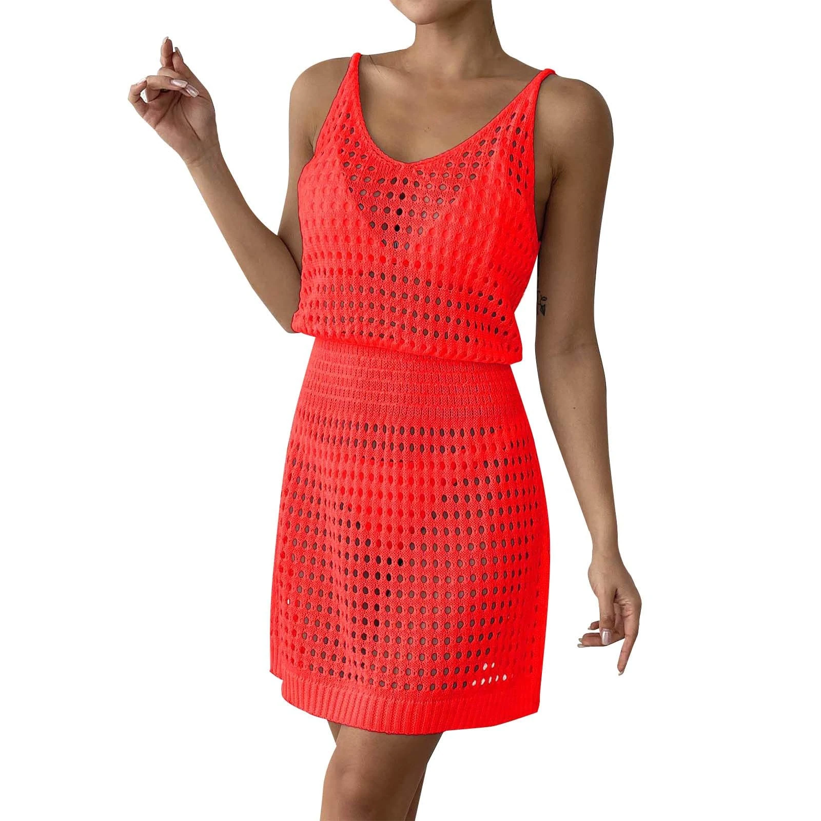 Beach Cover Ups for Women UK Size 20 Spaghetti Dresses Coverup Dress Crochet Dress U Neck Sundresses Sleeveless Sundresses Solid Color Bikini Cover Up Lightweight Summer Ladies Beachwear Orange