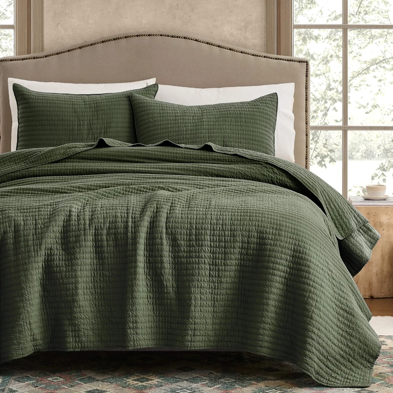 WDCOZY 100% Cotton King Size Quilt Set - Olive Green Striped Pick Stitch Soft Lightweight Bedspread, Textured Like Linen, Farmhouse Country Rustic Coverlet, Shabby Chic Gauze Bedding, 3 Pieces