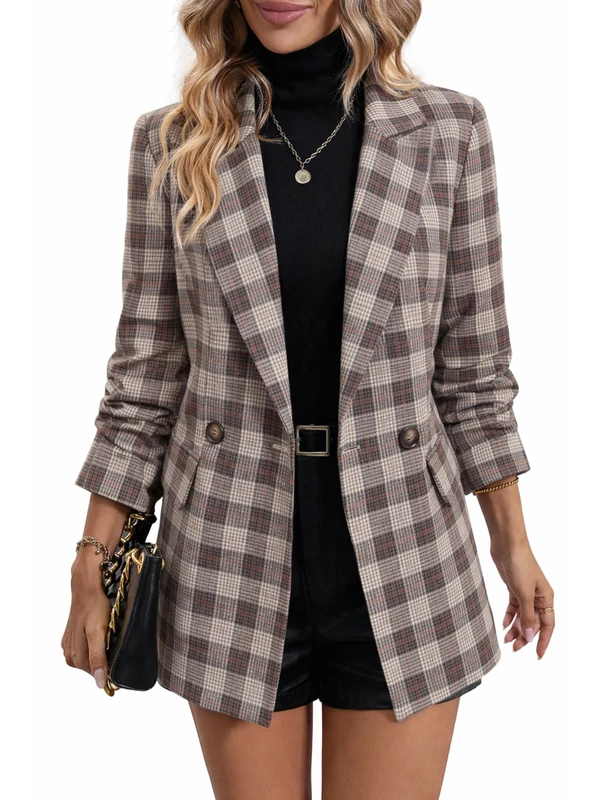 Mina Self Women's 2026 Spring Plaid Houndstooth Blazer Jacket - Fully Lined Button Lapel Casual Work Office Suit with Pockets, Plaid-Gray, L - Image 1