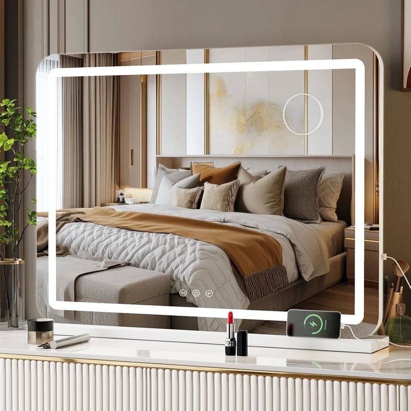 Clevich Hollywood mirror with LED light, make-up vanity mirror with lighting, touchscreen dressing table mirror with lights, dimmable 3 modes, with USB and 10X magnification, white (80L x 60W cm)