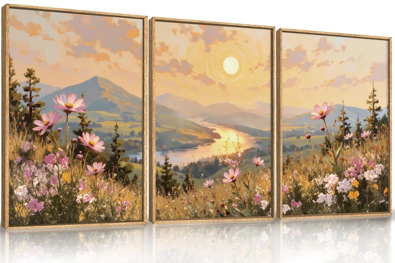 LHIUEM Large Boho Sunset Wildflower Framed Canvas Wall Art,Nature Pink Flower Wall Decor,Blossom Botanical Mountain Landscape Artwork for Living Room,Bedroom,Dining Room,Office -16"x24"x3