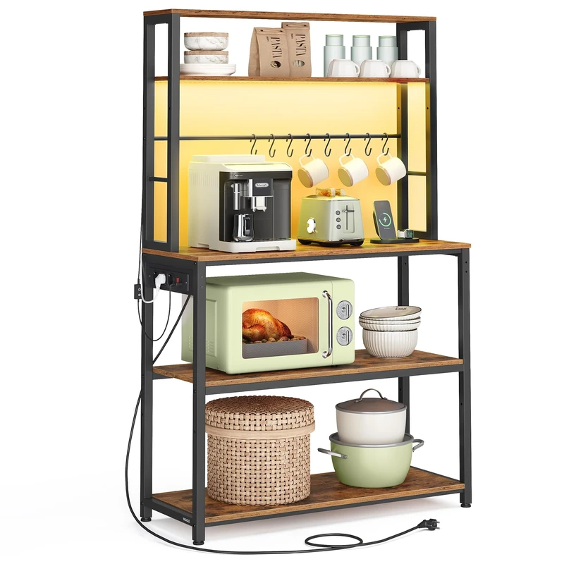 VASAGLE Coffee Bar with LED Lights, Kitchen Bakers Rack with Power Outlet, Microwave Stand with Adjustable Shelves, 8 Hooks, 40 x 80 x 168.4 cm, Rustic Brown and Matte Black KKS050KD02