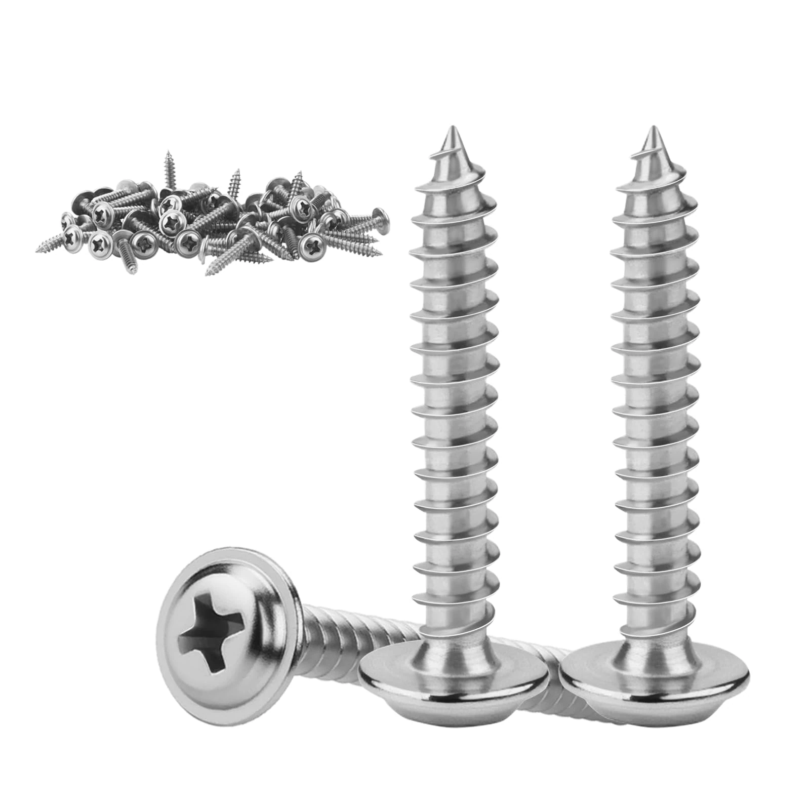 KGGZKG 60 Pcs Pan Head Screws M4x25x8.5mm Phillips Wafer Head 304 Stainless Steel Wood Screws Self Tapping Screws Multi Purpose Round Dome Head with Washer for Construction Hardware Silver