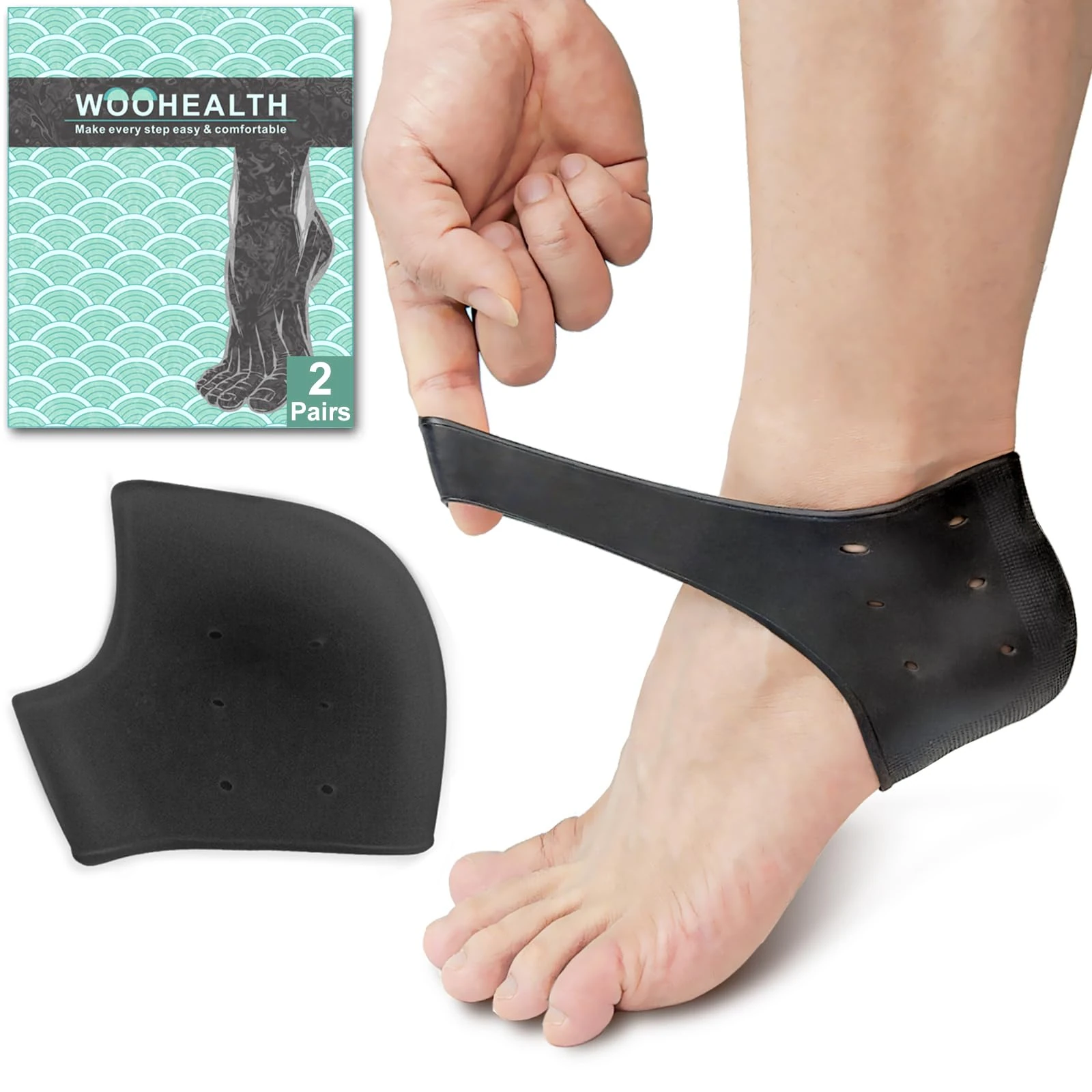 WOOHEALTH Silicone Heel Protectors for Cracked Heels (2 Pairs), Gel Guard for Moisturizing Relief Blister, Plantar Fasciitis and Achilles Tendonitis Heel Pain Relif for Men and Women (Black)