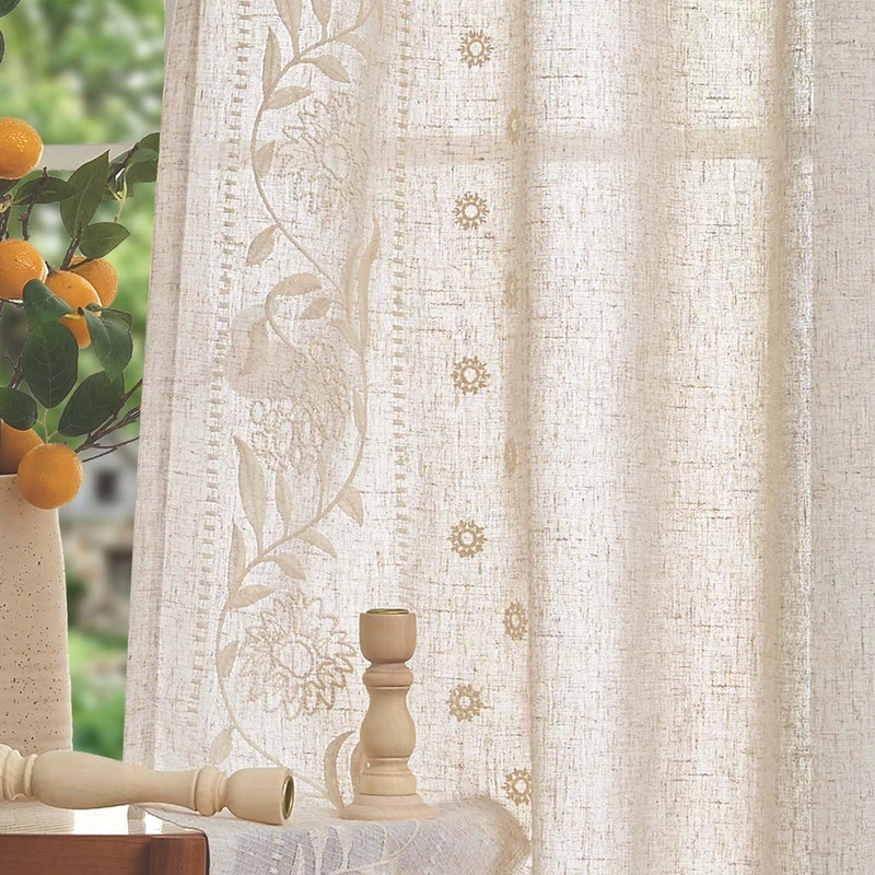 Lazzzy Boho Linen Blend Curtains for Living Room Bedroom 84 Inches Length Embroidered Floral Curtains Farmhouse Rod Pocket Drapes Light Filtering Window Treatments Ivory on Beige 2 Panels Set