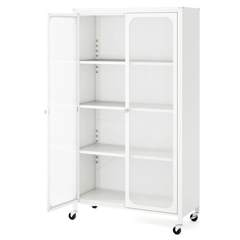 GiantexUK Storage Cabinet on Wheels, Mobile Kitchen Cupboard with Doors, Adjustable Shelves & Anti-Toppling Device, Metal Frame Freestanding Buffet Sideboard for Dining Living Room (80 x 37 x 147cm)