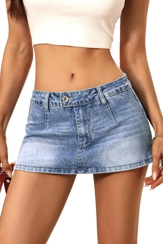 ELLEVEN Low Rise Denim Mini Skirt for Women, High Stretch Jean Skirt with Shorts Underneath Y2k Micro Skort, Blue Denim, L